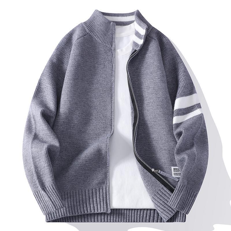 Herren nan gestrickte Zip-Cardigan im College-Stil mit gestreiftem Ärmelband und geripptem Stehkragen Echo Archiv