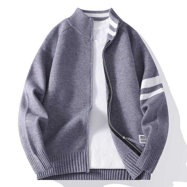 Herren nan gestrickte Zip-Cardigan im College-Stil mit gestreiftem Ärmelband und geripptem Stehkragen Echo Archiv