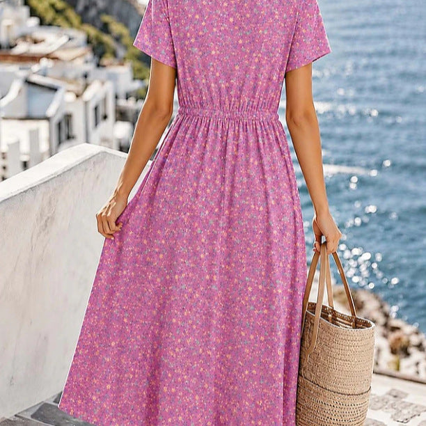 Damen Midikleid mit floralem Alloverprint, Tunnelzugtaillenband und Knopfleiste – Élara