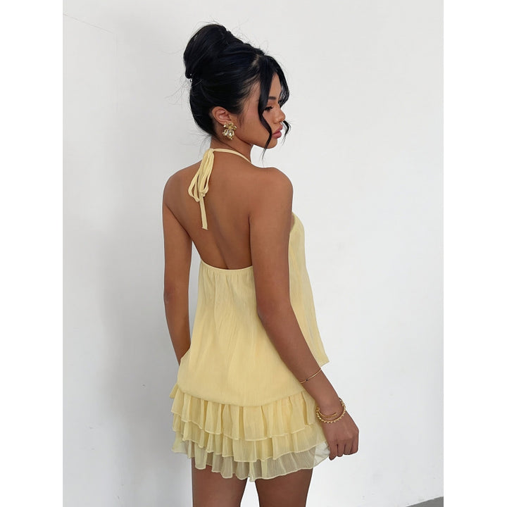 Damen Neckholder Kleid mit Rüschendetails und floralem Akzent Echo Archiv