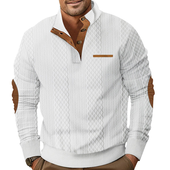 Herren nan strukturierter Strickpullover mit Stehkragen, Knopfleiste und Ellenbogenpatches Echo Archiv