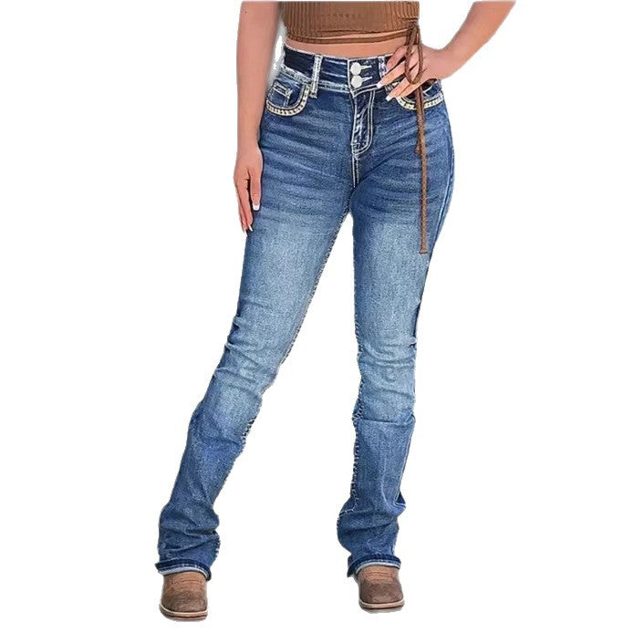 Damen Hochtaillierte Slim‑Straight Jeans mit V‑förmigem Bund und Superstretch-Denim Echo Archiv
