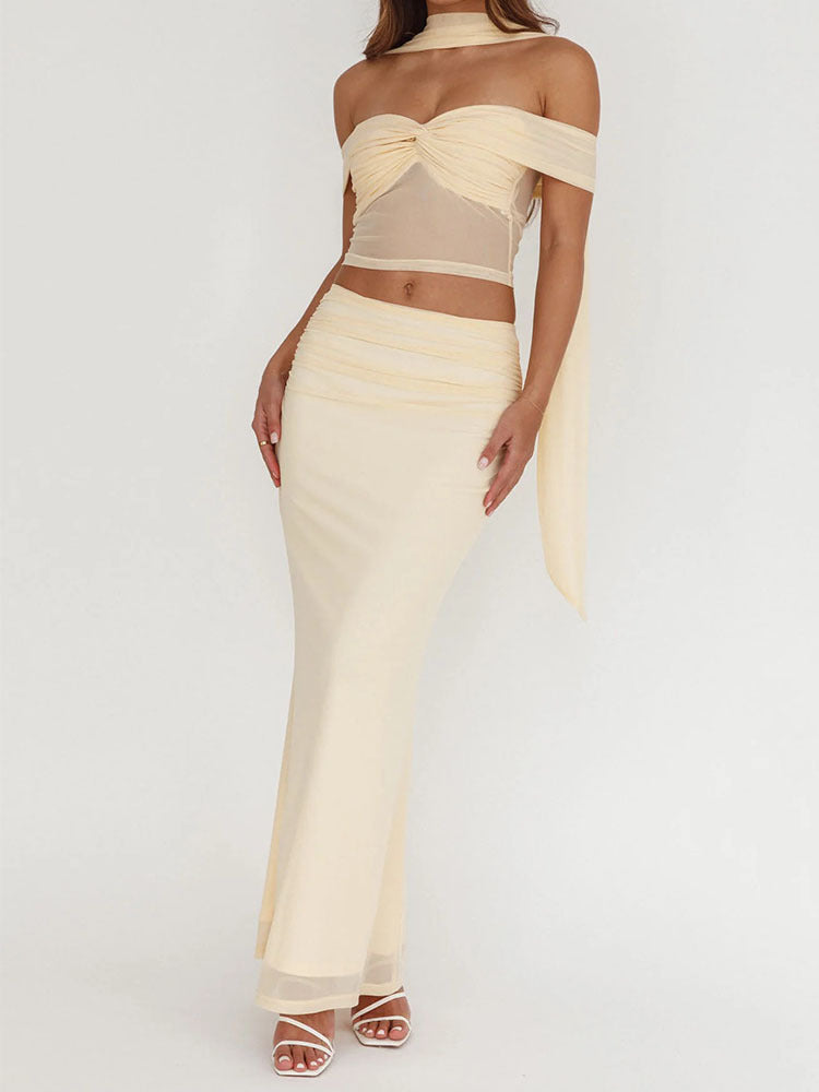 Damen elegantes Wickelkleid mit schulterfreiem Oberteil und drapierter Silhouette Echo Archiv