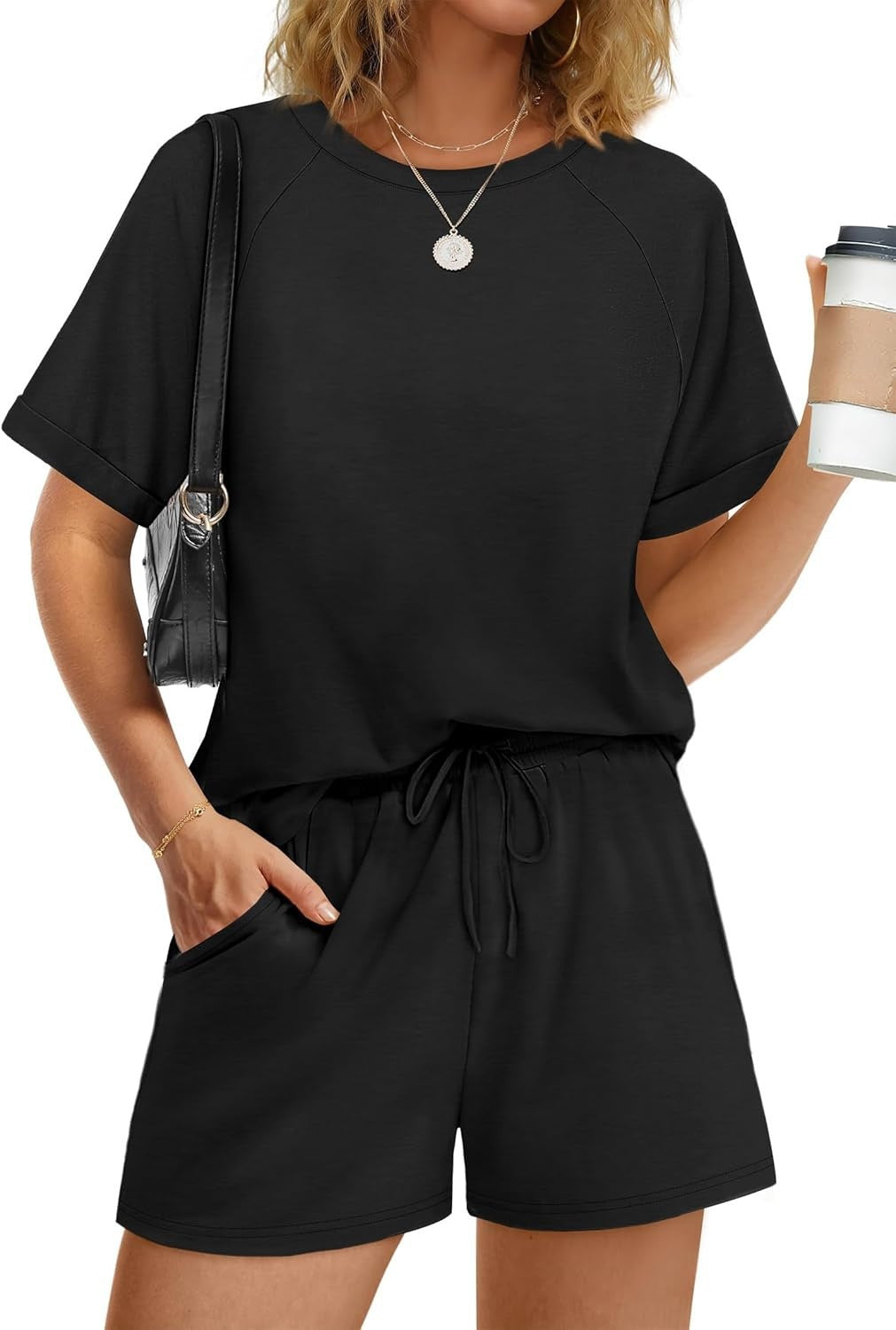 Damen lässiger Kombi aus T-Shirt und Shorts mit elastischem Bund Echoarchiv
