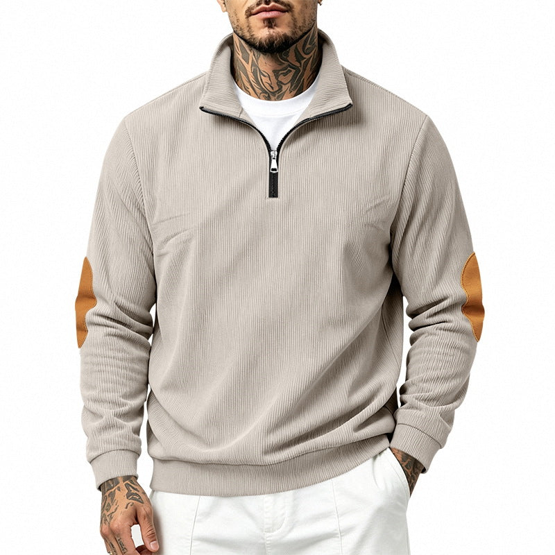 Herren nan Halbzip-Sweatshirt mit Stehkragen, feiner Waffelstruktur und Lederoptik-Ellenbogenpatchs Echo Archiv