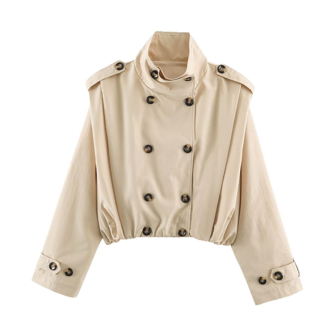 Damen Cropped-Trenchjacke im Blousonstil mit Stehkragen und doppelreihiger Knopfleiste Echoarchiv