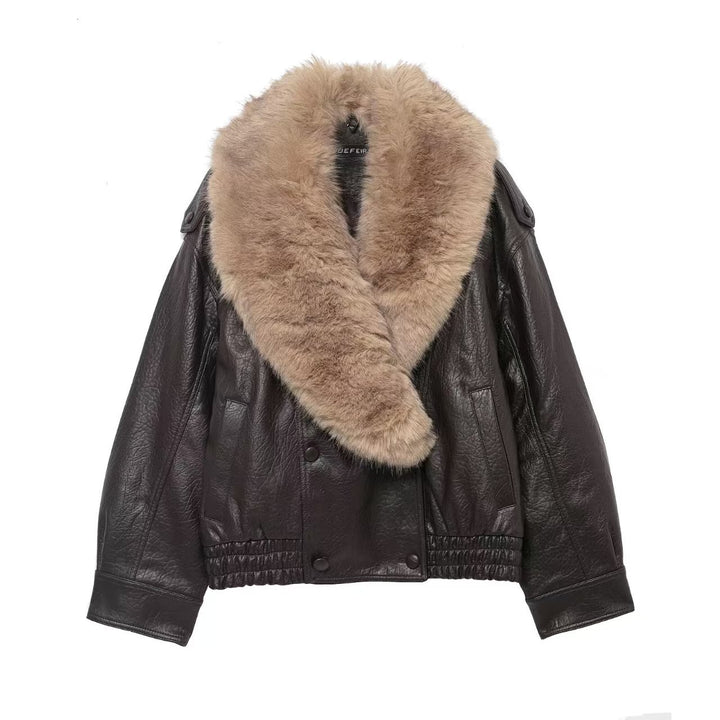 Damen nan kurze Lederjacke mit voluminösem Fellkragen, elastischem Bund und aufgesetzten Eingrifftaschen Echo Archiv