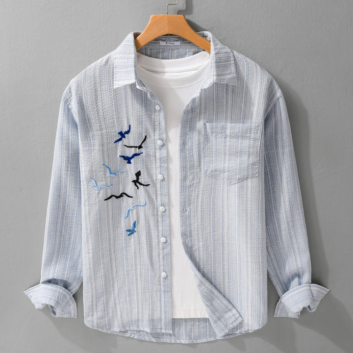 Herren Leichtes gestreiftes Overshirt aus Leinen-Baumwollmix mit Vogelstickerei Echoarchiv