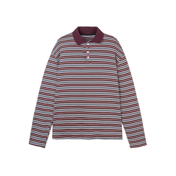 Unisex Klassisches gestreiftes Longsleeve-Poloshirt aus feinem Rippstrick mit Kentkragen und Halbknopfleiste Echoarchiv