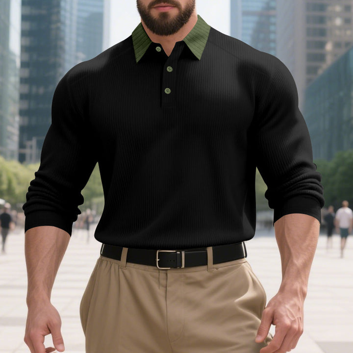 Herren Langarmpoloshirt mit strukturiertem Kragen und dekorativem Knopfverschluss Echoarchiv