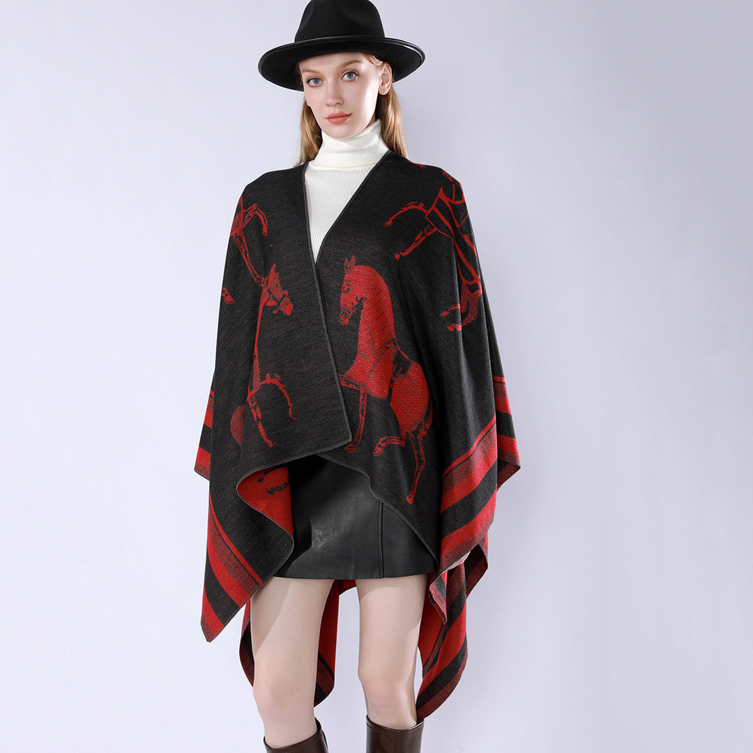 Damen Jacquard-Poncho-Überwurf mit Pferde-Motiv und kastiger Kimono-Silhouette – Célinea