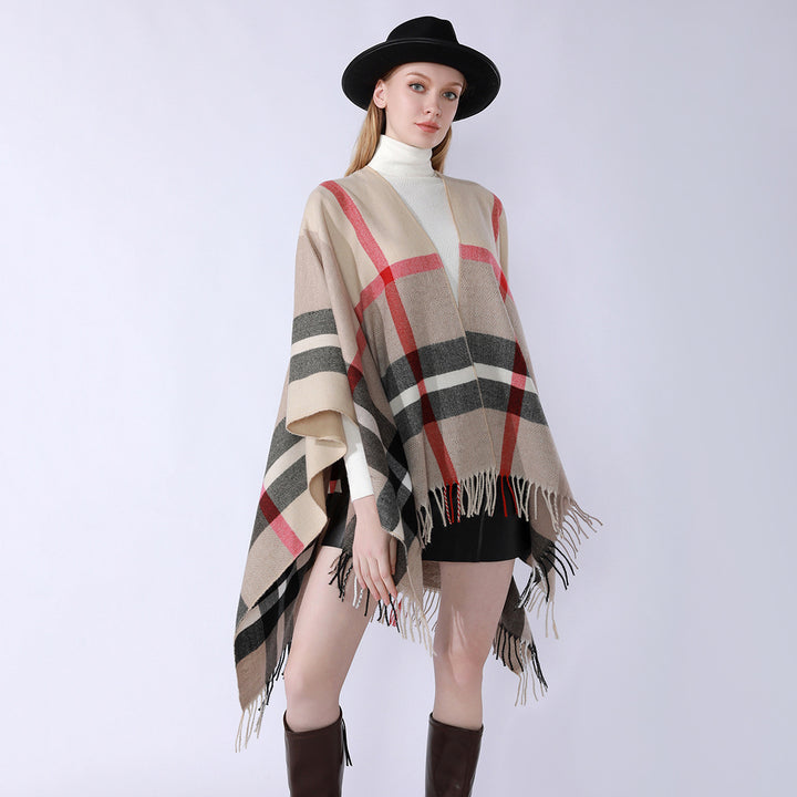 Damen Oversize-Poncho im Kaschmir‑Touch mit V‑Ausschnitt und Fransensaum Echo Archiv
