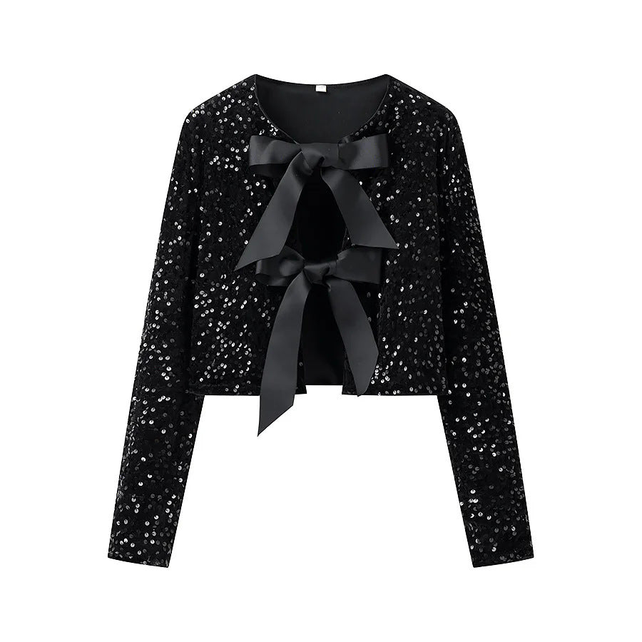 Damen kurze Pailletten-Jacke mit zweifacher Satin-Schleifenfront und Rundhalsausschnitt – Célinea