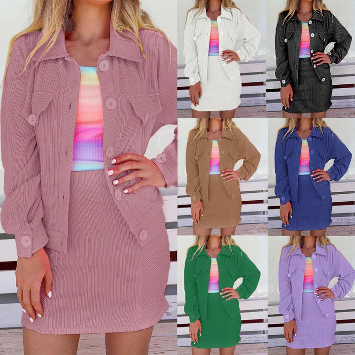 Damen Zweiteiliges geripptes Hemdjacken- und Minirock-Set mit Oversize-Silhouette Echoarchiv