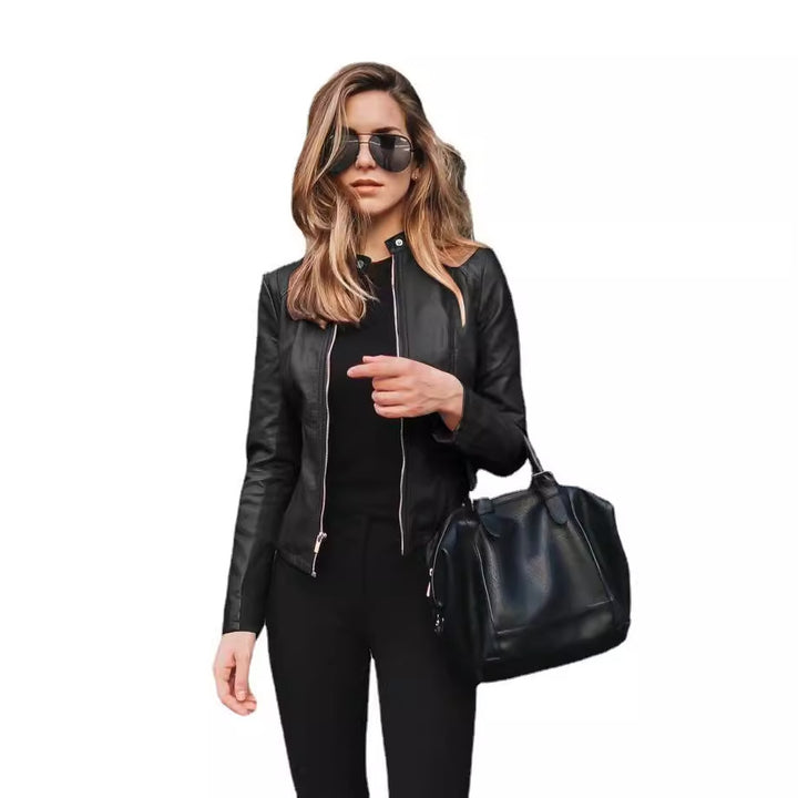 Damen nan schmal geschnittene Lederjacke mit Stehkragen und Zwei-Wege-Reißverschluss Echo Archiv