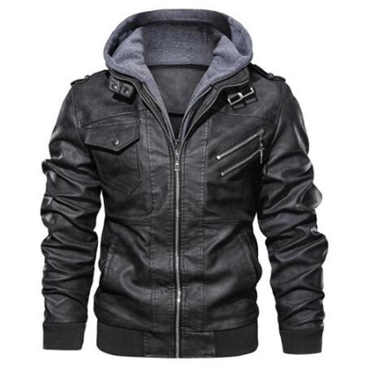 Herren Bomberjacke aus Lederimitat mit integriertem Kapuzen-Innerlayer und Utility-Taschen – Brevano