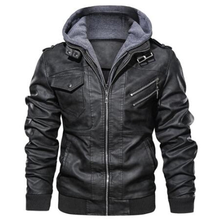 Herren Bomberjacke aus Lederimitat mit integriertem Kapuzen-Innerlayer und Utility-Taschen – Brevano