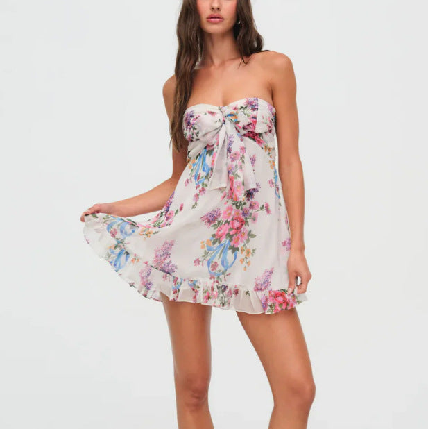 Damen nan trägerloses Chiffonkleid mit Frontschleife und Volantsaum Echo Archiv