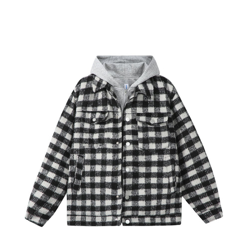 Damen Kurzblouson im Shacket‑Stil mit Karo‑Wolloptik und integrierter Sweatkapuze Echoarchiv