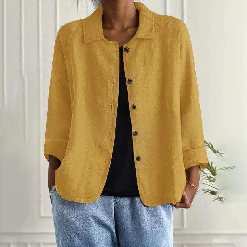 Damen Oversized Leinen-Hemdjacke mit Hemdkragen, 3/4-Ärmeln und durchgehender Knopfleiste Echo Archiv