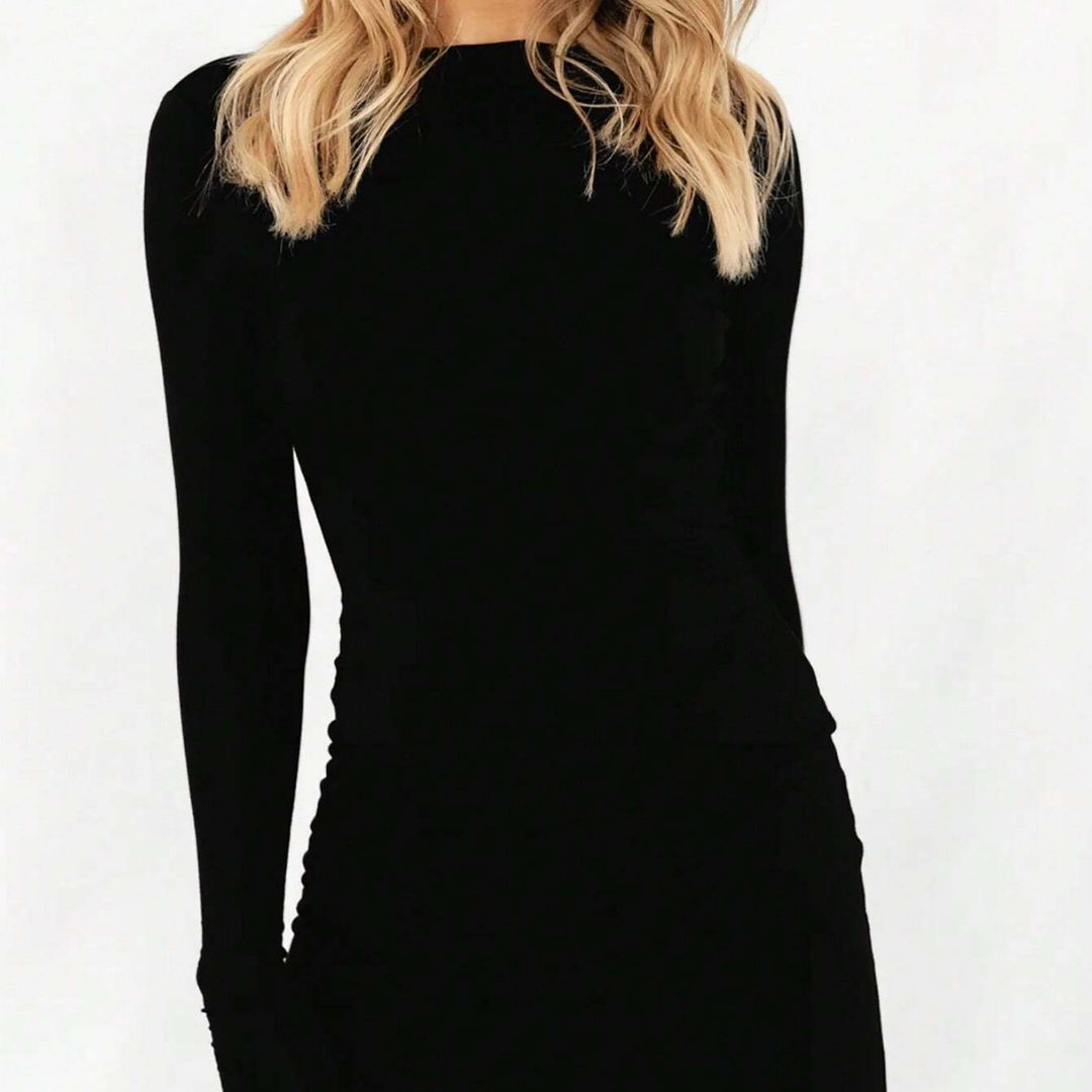 Damen figurbetontes Langarm‑Minikleid aus Stretch‑Jersey mit taillierter Raffung – Élara