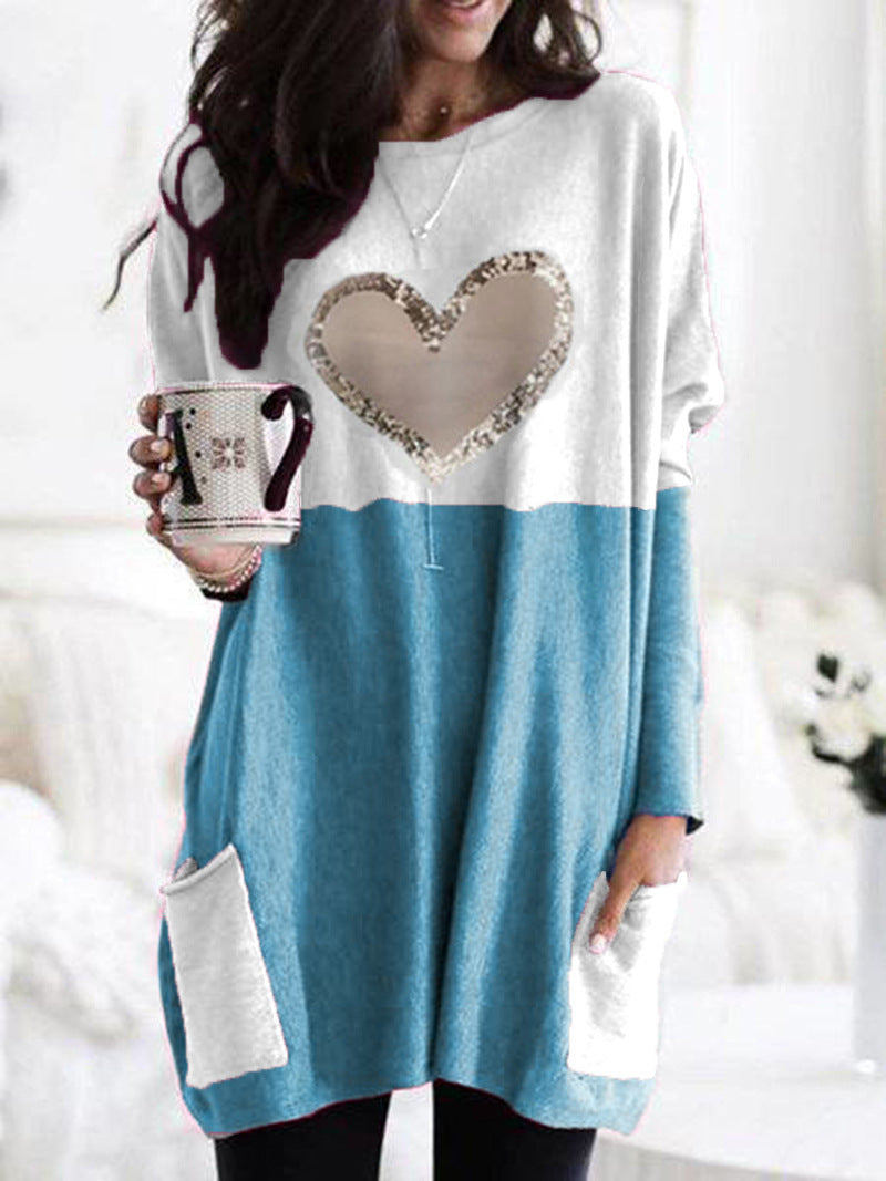 Damen Oversized Lange Pullover Tunika mit Pailletten-Herz und aufgesetzten Taschen Echoarchiv