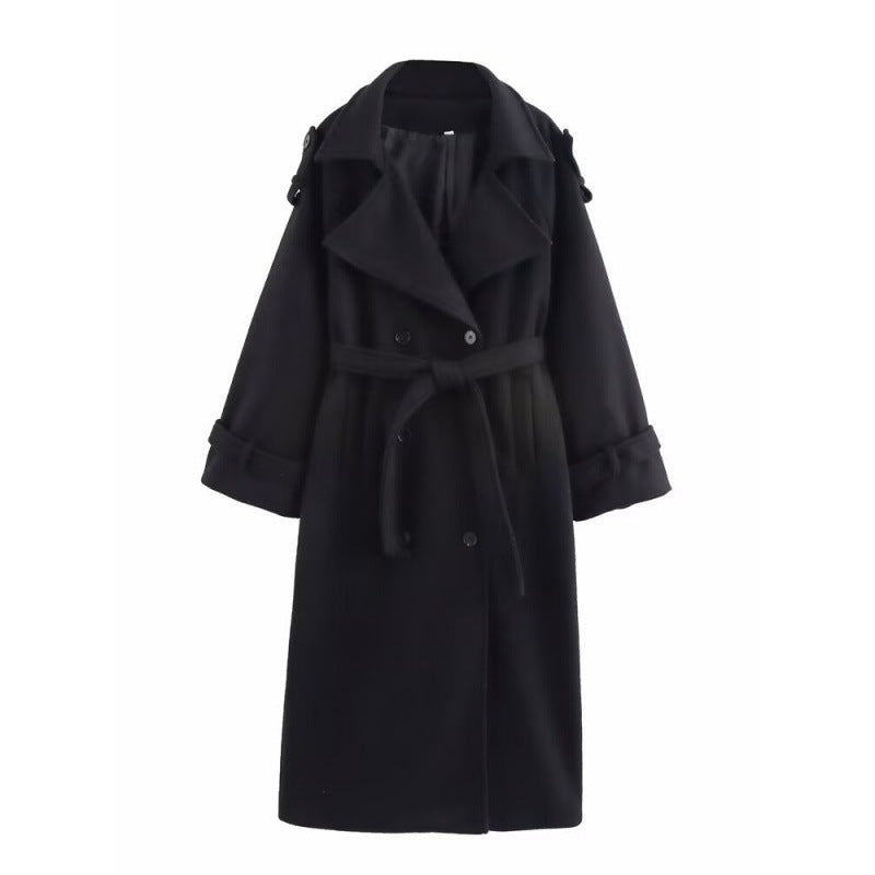 Damen langer doppeltreihiger Wollmix-Trenchcoat mit Gürtel und breitem Revers Echo Archiv