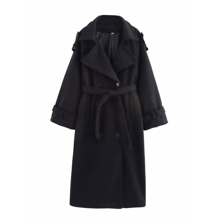 Damen langer doppeltreihiger Wollmix-Trenchcoat mit Gürtel und breitem Revers Echo Archiv