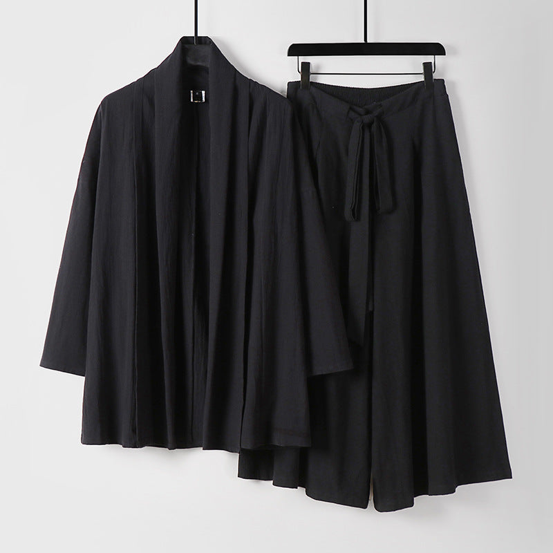 Damen Zweiteiliges Lounge-Set im Kimono-Stil mit offenem Schalkragen und weitem Palazzo-Hosenrock Echoarchiv