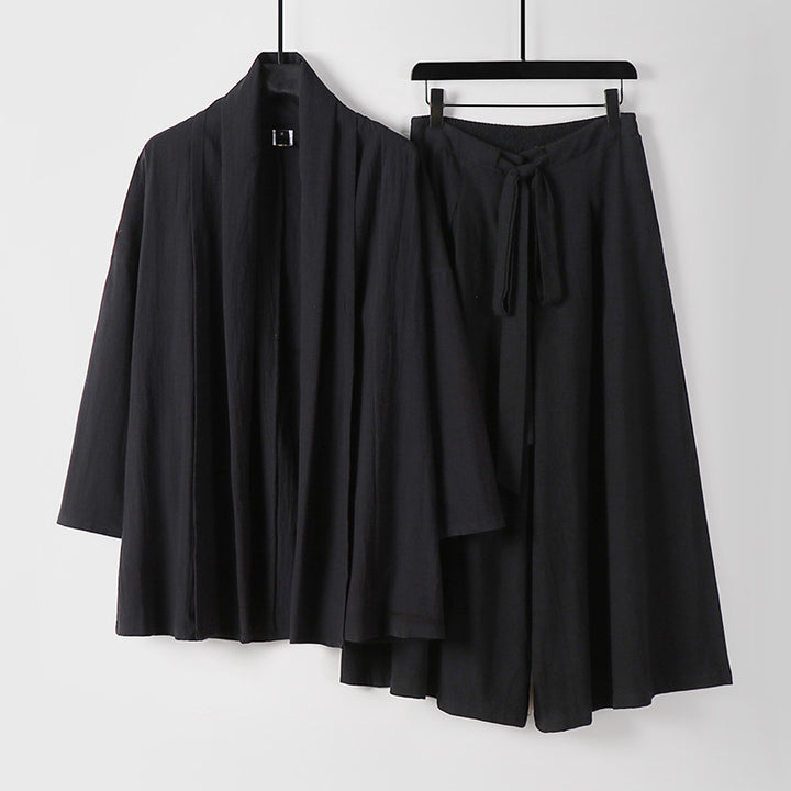 Damen Zweiteiliges Lounge-Set im Kimono-Stil mit offenem Schalkragen und weitem Palazzo-Hosenrock Echoarchiv
