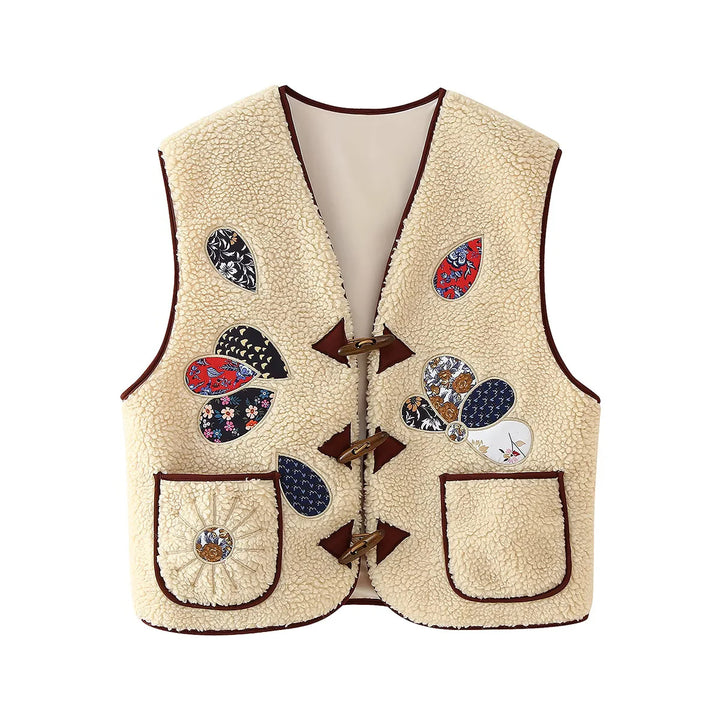 Damen nan ärmellose Teddyweste mit Patchwork-Applikationen und Holzknopf Verschluss Echo Archiv