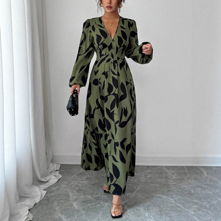 Damen Maxikleid mit taillierter Knopfleiste, V‑Ausschnitt und Ballonärmeln – Avérine
