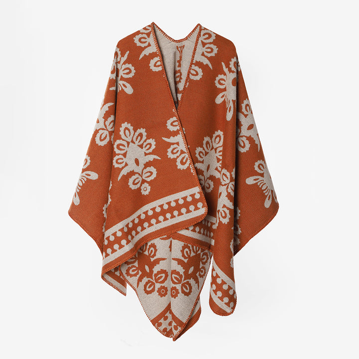 Damen Jacquard‑Überwurf im Cape‑Stil mit floraler Ornamentstruktur – Avérine