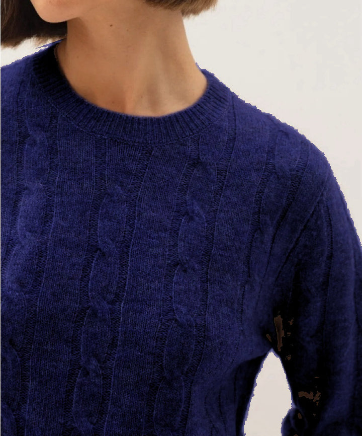 Damen Kabelstruktur‑Pullover im Zopfstrick mit Rundhalsausschnitt und nachhaltig weicher Wollmischung – Mavelle