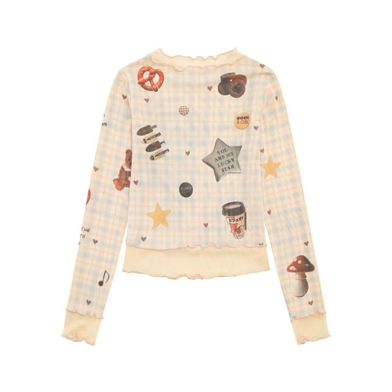 Damen Langarm Mesh-Top mit Teddy-Print und Lagenoptik Echoarchiv