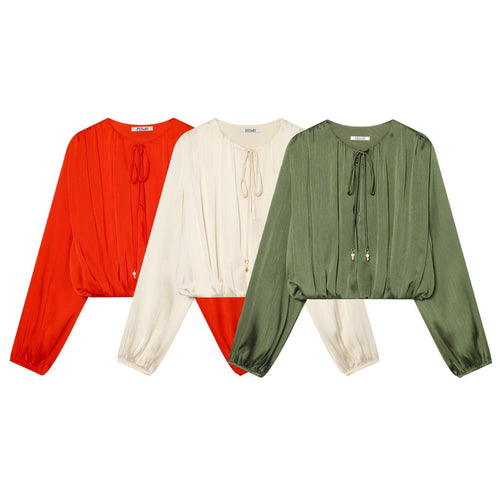 Damen Plissierte Cropped-Bluse mit Kordelzug und Ballonärmeln Echo Archiv