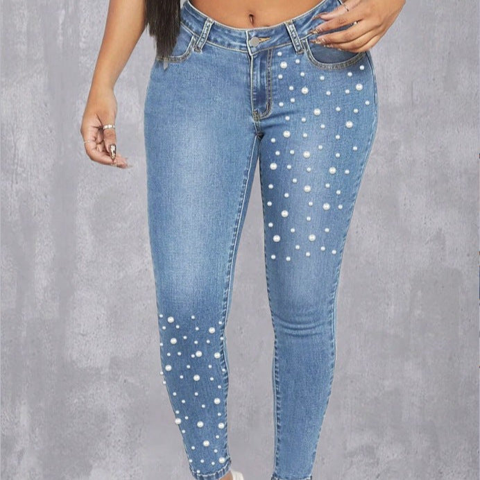 Damen High-Waist Skinny-Jeans mit Perlenapplikation Echo Archiv