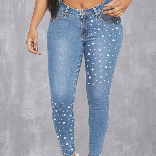 Damen High-Waist Skinny-Jeans mit Perlenapplikation Echo Archiv