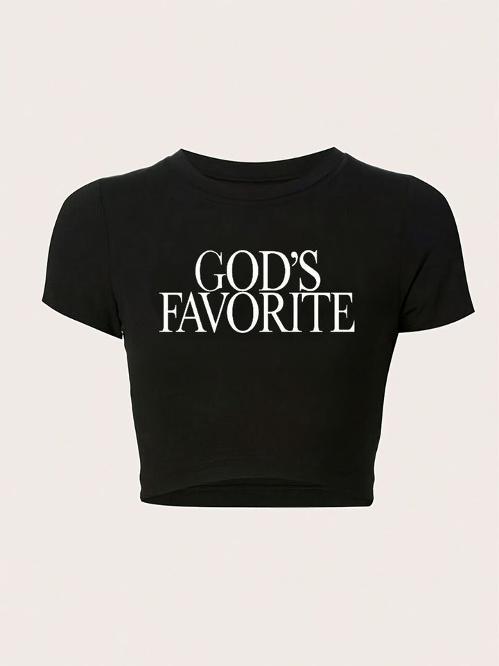 Damen figurbetontes Kurzarm-T-Shirt mit verspieltem Aufdruck Echo Archiv