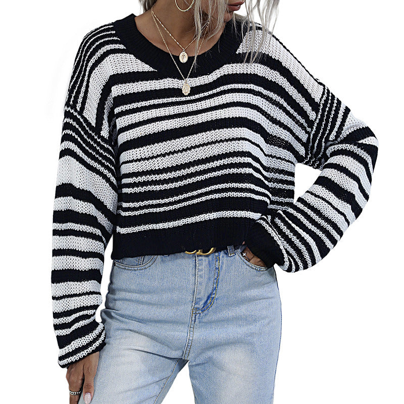 Damen Cropped-Strickpullover mit Off-Shoulder, lockerer Oversize-Passform & Streifenmuster Echoarchiv