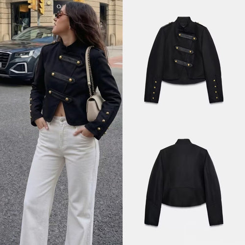 Damen Cropped Militärblazer im Uniformstil mit dekorativen Zierstreifen und Messingknöpfen Echoarchiv