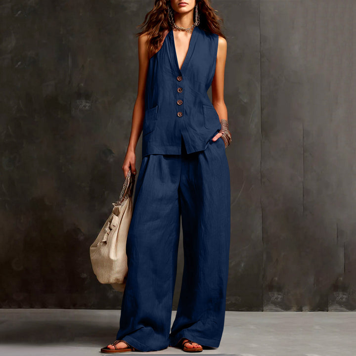 Damen Ärmelloses Longline-Westen und Palazzo-Hosen Set aus Leinenoptik – Célinea