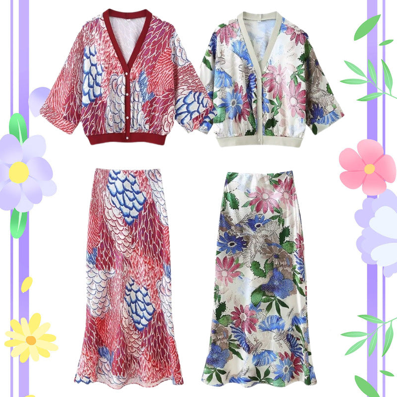 Damen Zweiteiliges Satin-Set mit floral bedruckter Kurzjacke und Bias‑Cut Midirock Echo Archiv
