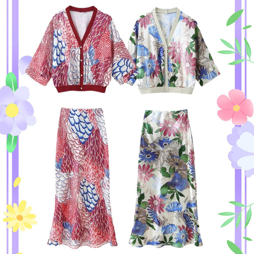 Damen Zweiteiliges Satin-Set mit floral bedruckter Kurzjacke und Bias‑Cut Midirock Echo Archiv