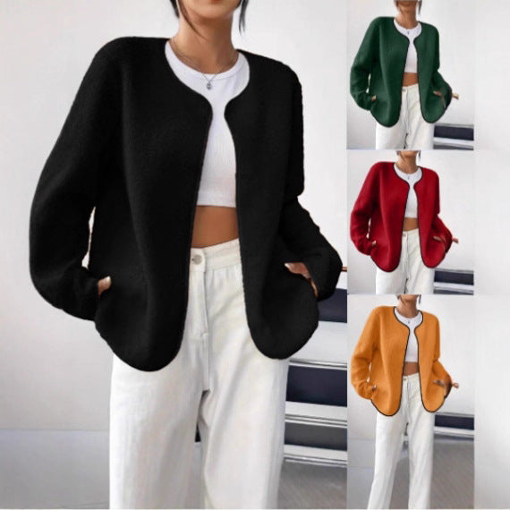 Damen Kurzjacke Teddy-Fleece Cardigan ohne Verschluss mit Rundhals – Célinea