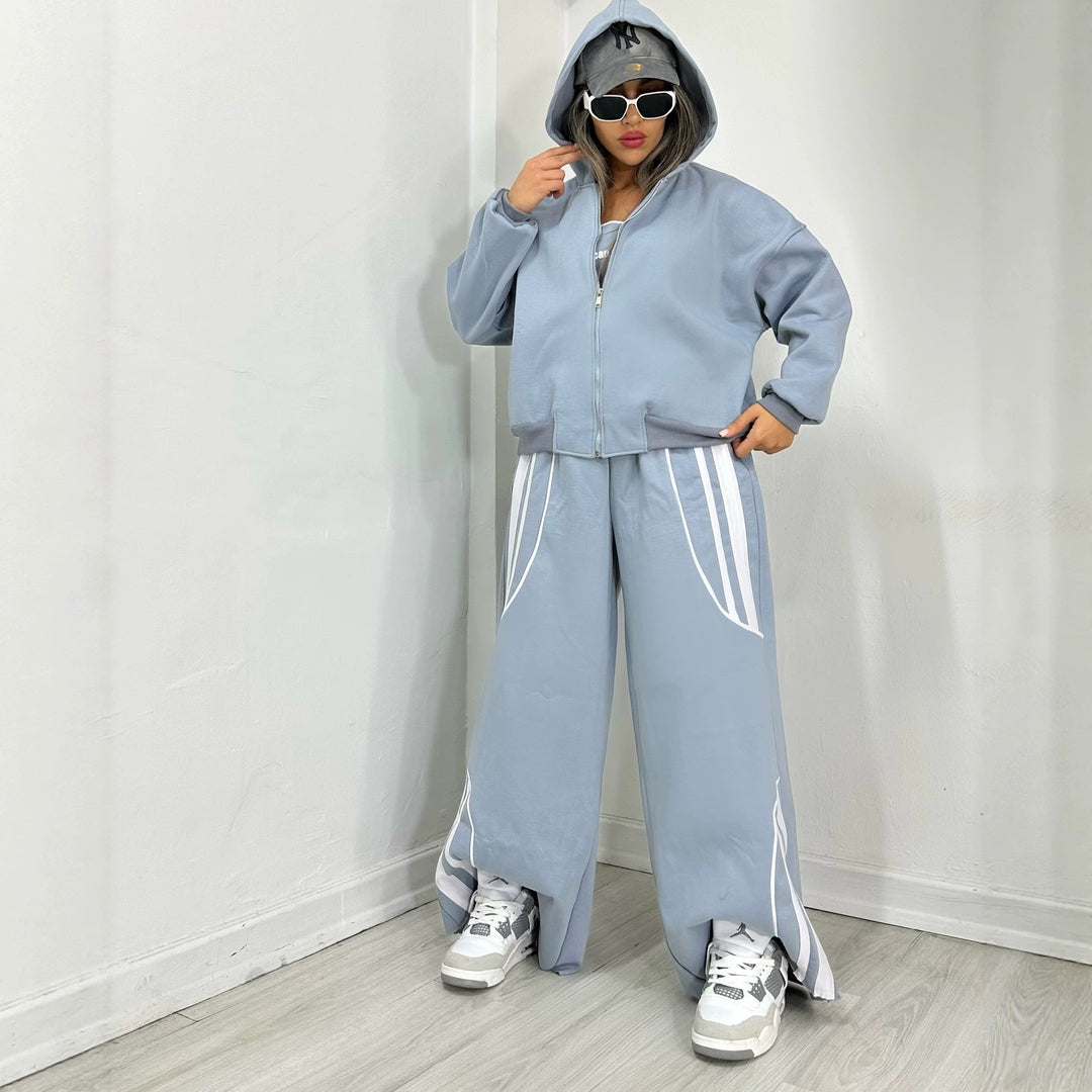 Damen Oversize Kapuzen-Sweatjacke mit Reißverschluss und weitem Trackpant-Set – Auréline