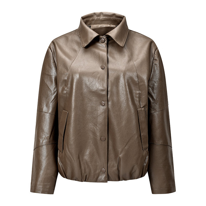 Damen Kurz geschnittene Kunstleder‑Blousonjacke mit Druckknopffront, Hemdkragen & elastischem Saum Echoarchiv