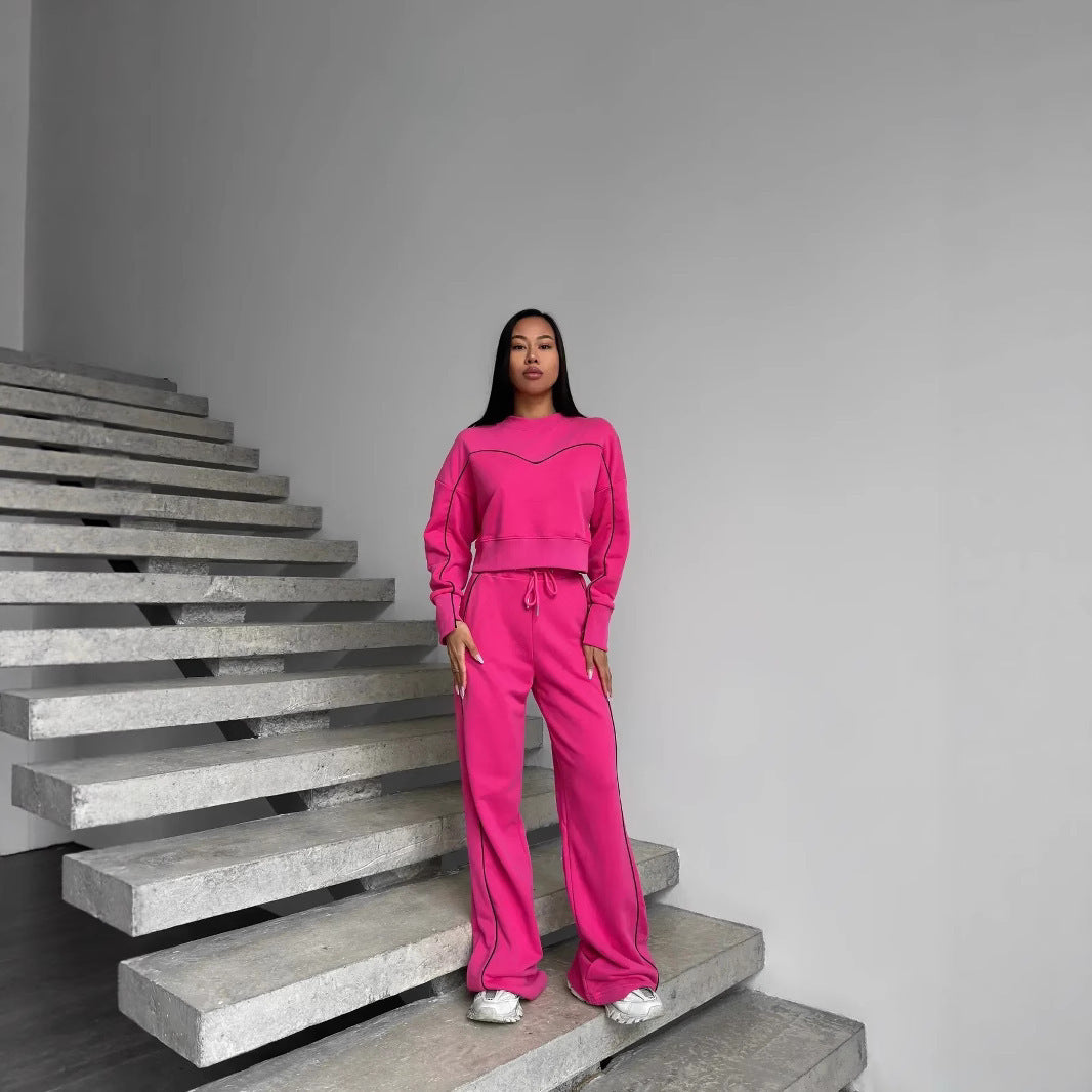 Damen kurzes Oversize-Sweatshirt mit Kordelzug-Jogginghose und Kontrastnähten – Avérine