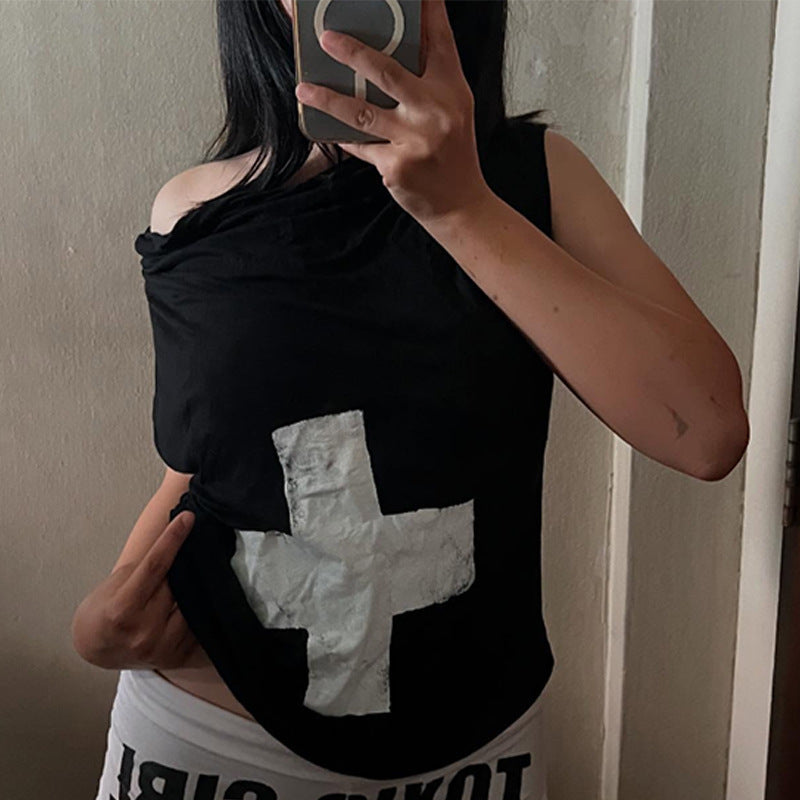 Damen Off-Shoulder T-Shirt mit grafischem Druck Echo Archiv