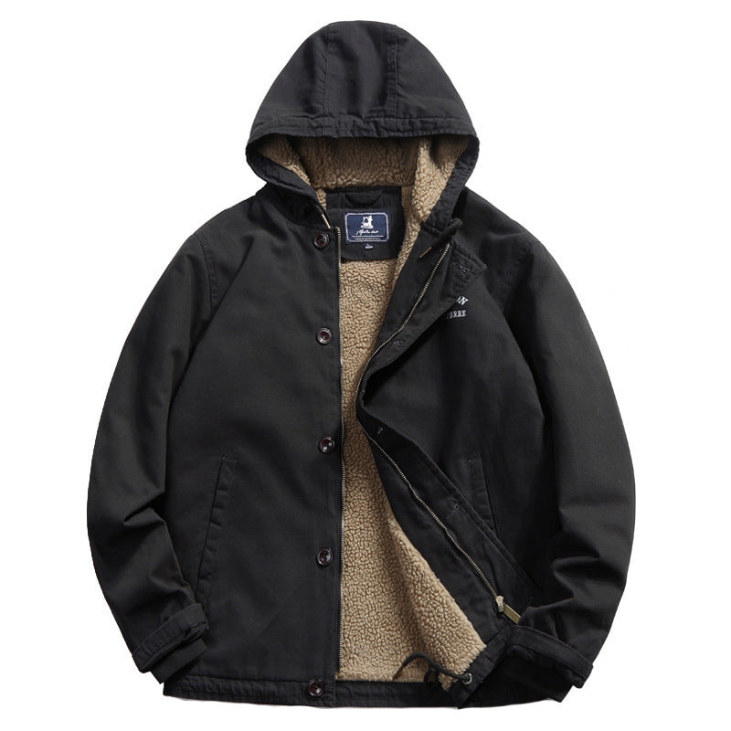 Herren Baumwoll-Canvas Kapuzenblouson mit durchgehendem Teddyfutter, verdeckter Knopf- und Reißverschlussleiste und Innentasche – Taviero